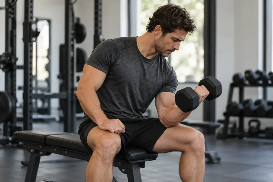 Homem em academia realizando treino de força com halter, sentado em banco de musculação