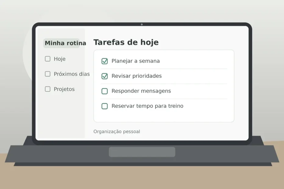 Notebook sobre mesa com lista de tarefas ilustrativa exibida na tela, caixas de seleção e organização de compromissos