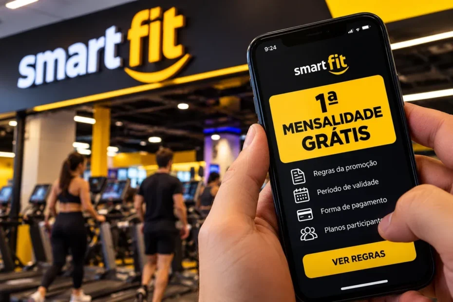 Imagem ilustrativa da Smart Fit com celular exibindo chamada sobre a primeira mensalidade grátis; não é captura de tela oficial