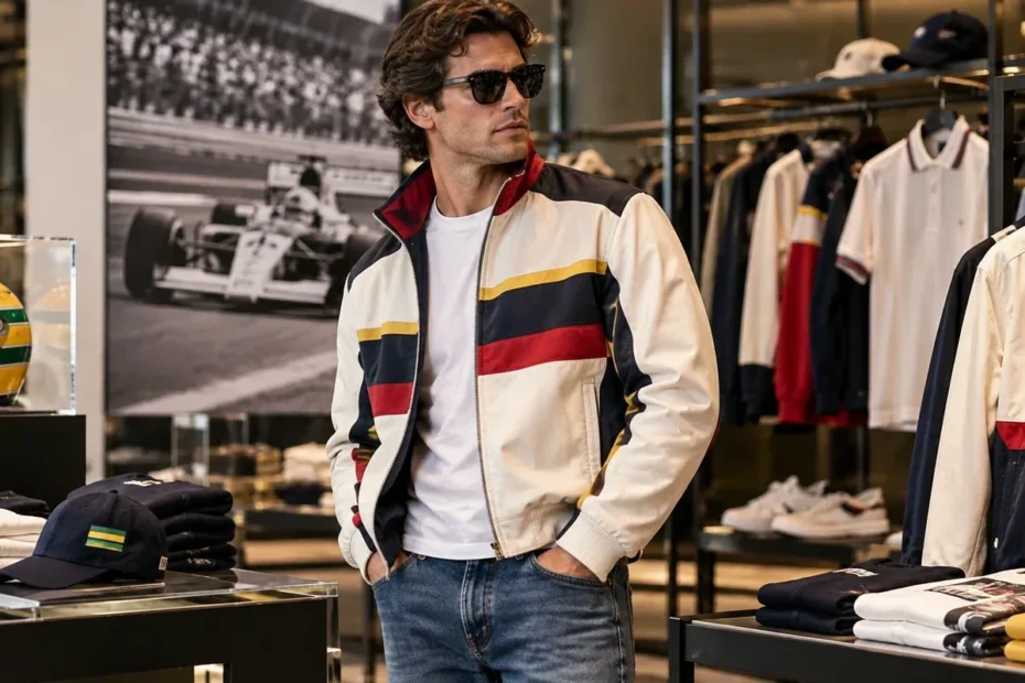 Homem em loja de moda com jaqueta inspirada em automobilismo e peças de estilo retrô
