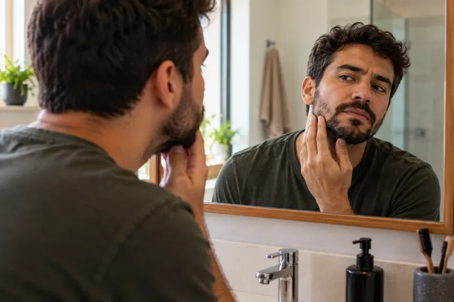 Homem adulto de barba curta e irregular observa os pelos do rosto no espelho do banheiro, em cena cotidiana de autocuidado
