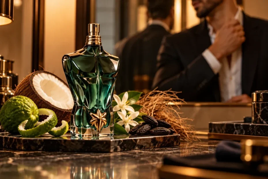 Frasco masculino de perfume em bancada elegante com coco, bergamota, flores brancas e elementos aromáticos
