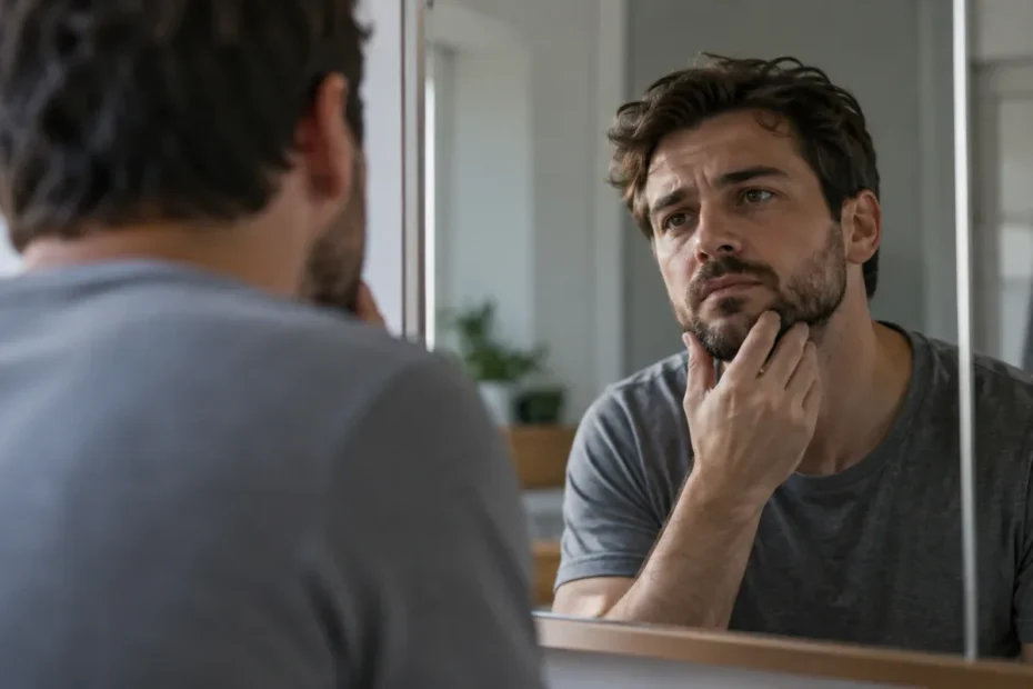 Homem adulto observando seu reflexo com expressão pensativa em quarto iluminado naturalmente