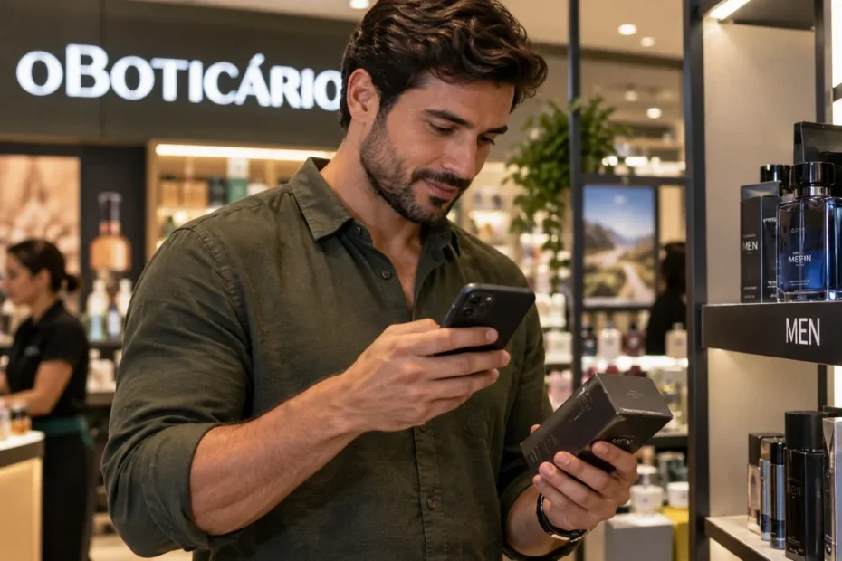 Cena ilustrativa de homem consultando produtos Men no celular em uma loja O Boticário