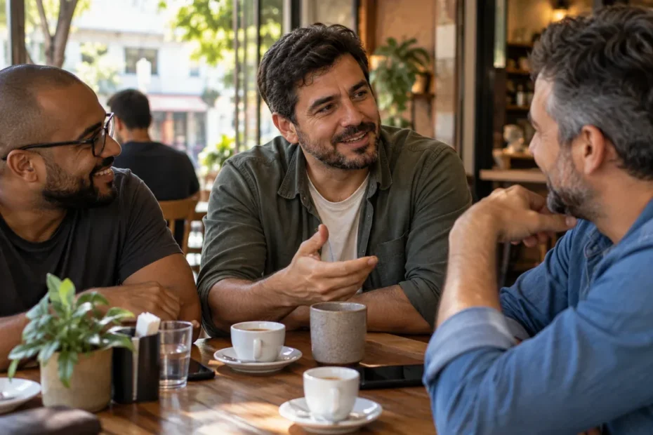Homem adulto conversa descontraidamente com outros dois homens de idades diferentes em uma mesa de café durante encontro social
