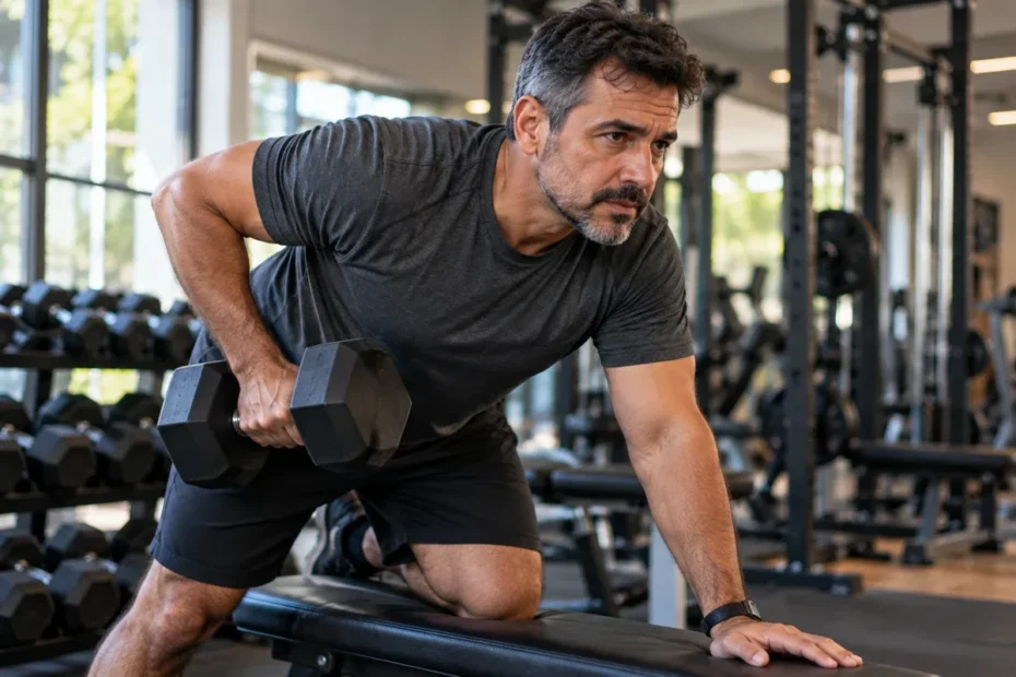 Homem brasileiro de meia-idade realiza exercícios de força com halteres em academia simples, concentrado na postura