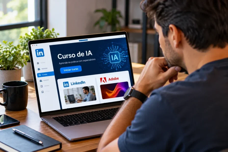 Profissional adulto estudando uso de inteligência artificial para marketing em notebook, com caderno ao lado, em ambiente de trabalho realista