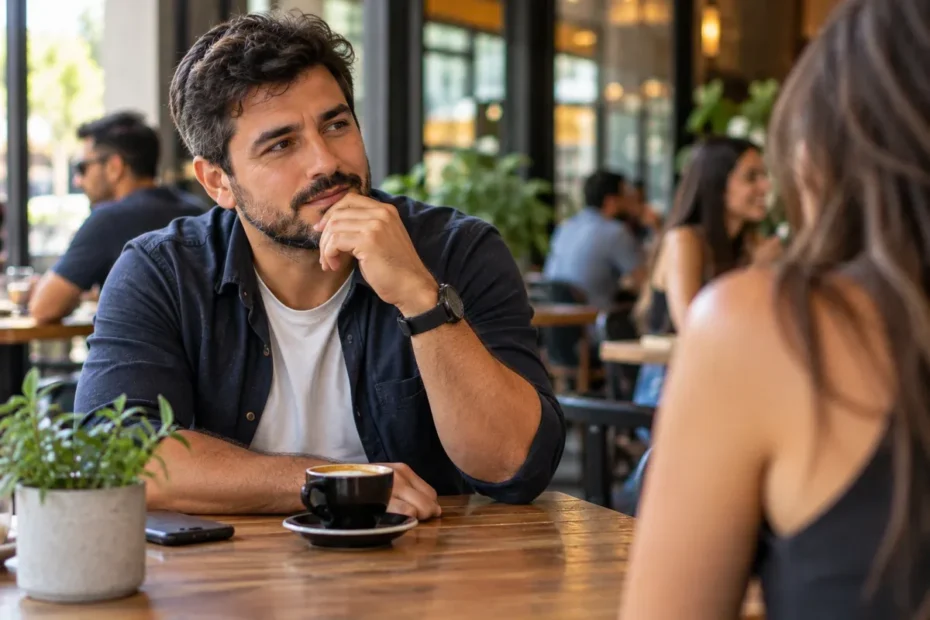 Homem adulto sentado em cafeteria, refletindo antes de iniciar uma conversa social, em cena cotidiana e natural