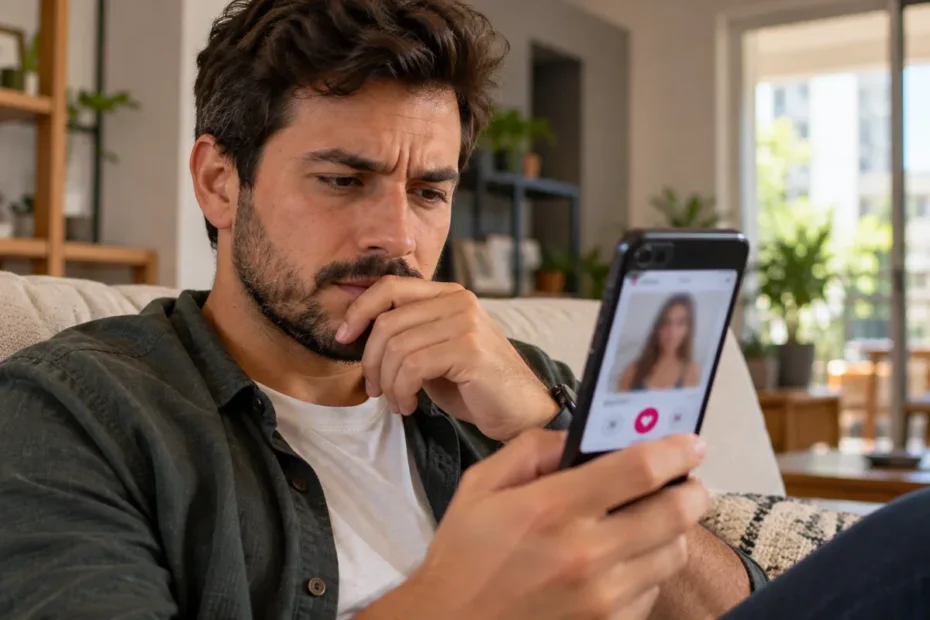 Homem adulto analisa com atenção uma conversa em aplicativo de relacionamento no celular, em ambiente doméstico realista