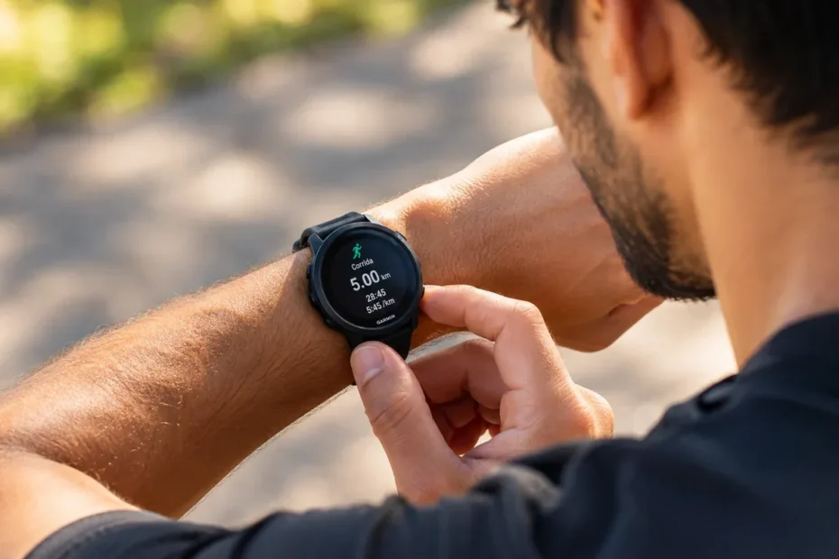 Corredor adulto verifica um relógio esportivo no pulso durante uma corrida ao ar livre, em cena realista
