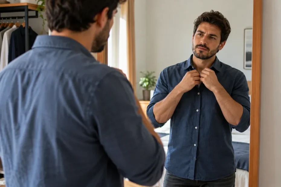 Homem adulto escolhe uma camisa diante do espelho em quarto realista com guarda-roupa simples